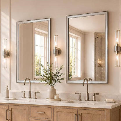 2 Pack 24x36 Inch Brushed Nickel Bathroom Mirrors for Over Sink | Curved Aluminum Frame Rectangle Vanity Mirror Set for Double Sink, HD Tempered Glass, Anti-Rust, Horizontal or Vertical