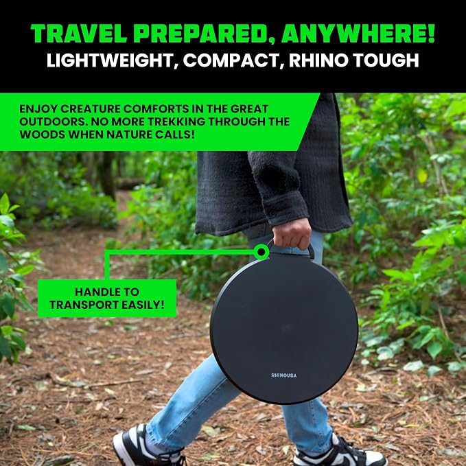 Rhino USA XL Portable Toilet for Camping (400lb Capacity) - Adjustable | Retractable, collapsible design. Adjustable height 4-16in. For adults & kids, camp, RV, boat or car use. Black