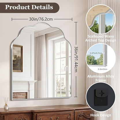 Scalloped Arched Mirror, 30×36Inch Silver Bathroom Mirror, Wavy Wall Mounted Vanity Mirror with Aluminum Alloy Frame for Livingroom Bedroom and Entryway, Tempered Glass