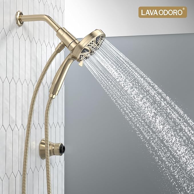 Handheld Shower Head with Magnetic Docking System | 9-Function High Pressure Detachable Shower Head with Remote Dock, 5-inch Champagne Gold Showerhead, 72 Inch Hose, SH180-CB-D