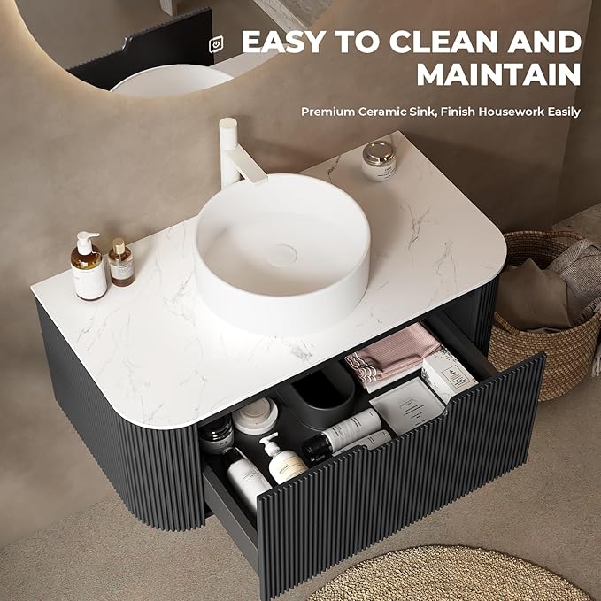 LKTART 36 Inch Floating Bathroom Vanity with Sink, Modern Wall Mounted Bathroom Storage Cabinet with Drawer, Round White Ceramic Sink Top and Marble Texture Top,Black