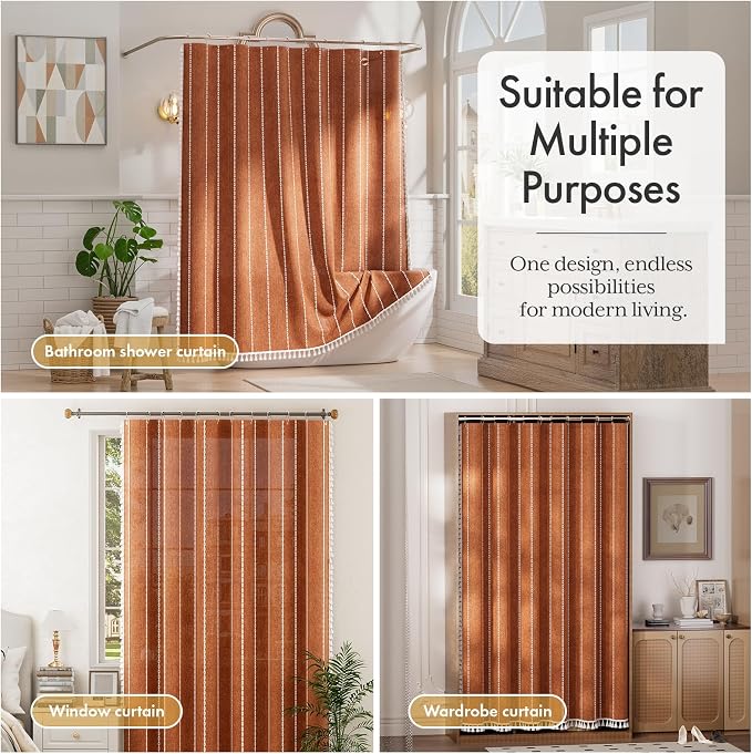 Bathway Farmhouse Shower Curtain Boho with Tassels, Linen Blend Heavy Duty Shower Curtain Set with 12 Metal Hooks, Vintage Rustic Fabric Curtain for Children Bathroom Window, 72x72 Inches, Fire Orange