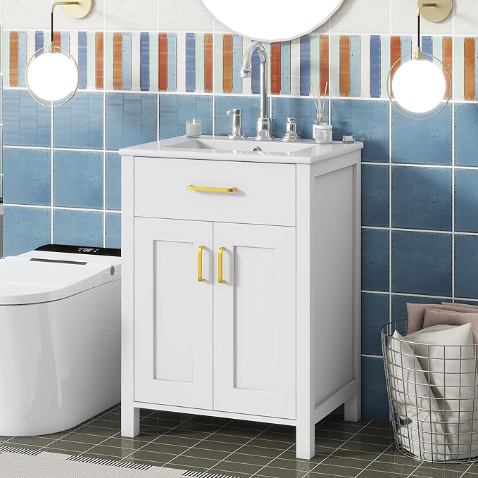 LUMISOL 24" Bathroom Vanity with Sink, Solid Wood Bathroom Cabinet with Tip-Out Drawer, Storage Racks, Soft-Close Door & Adjustable Shelves, Ceramic Sink, White
