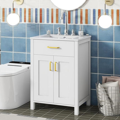 LUMISOL 24" Bathroom Vanity with Sink, Solid Wood Bathroom Cabinet with Tip-Out Drawer, Storage Racks, Soft-Close Door & Adjustable Shelves, Ceramic Sink, White