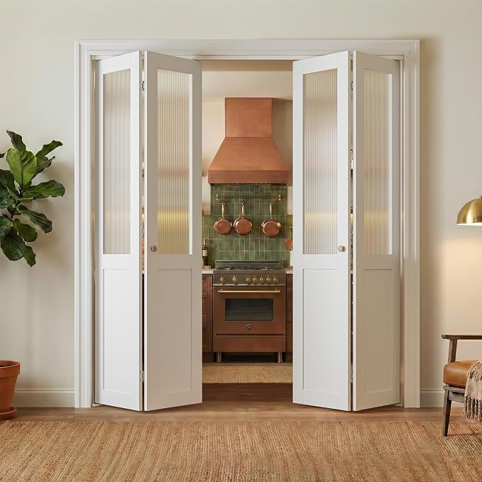 SMARTSTANDARD 72" x 80" Reeded Glass Bifold Closet Doors, Preassembled, MDF | Water-Proof PVC Surface, Half Tempered Glass with Hardware Kit, White Interior Slab for Kitchen, Closet, Pantry, White