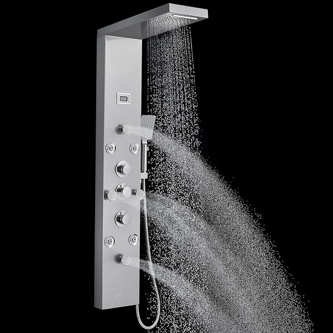 ROVOGO Shower Panel with 4 Body Jets and 4 Mist Spray, Rainfall Waterfall Shower Column Tower with Handheld, Tub Spout and Water Temperature Display, 304 Stainless Steel Brushed