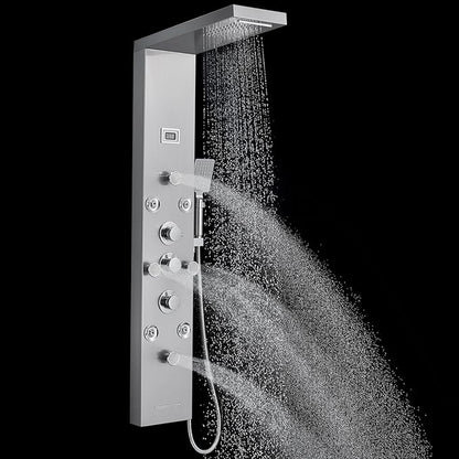 ROVOGO Shower Panel with 4 Body Jets and 4 Mist Spray, Rainfall Waterfall Shower Column Tower with Handheld, Tub Spout and Water Temperature Display, 304 Stainless Steel Brushed