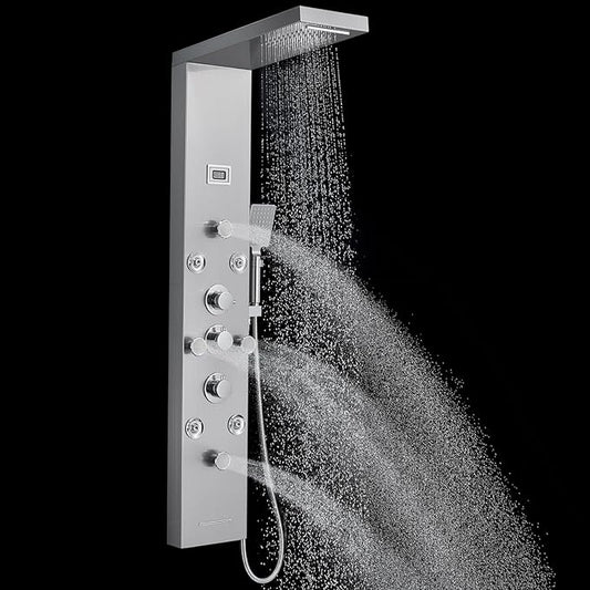 ROVOGO Shower Panel with 4 Body Jets and 4 Mist Spray, Rainfall Waterfall Shower Column Tower with Handheld, Tub Spout and Water Temperature Display, 304 Stainless Steel Brushed