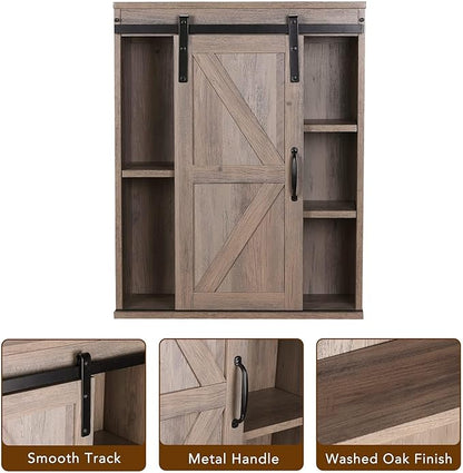 RUSTOWN Farmhouse Wood Wall Storage Bathroom Cabinet with Sliding Barn Door, Rustic Medicine Cabinet with Adjustable Shelf, 3-Tier Vintage Cabinet for Kitchen, Bathroom, Living Room (Washed Oak)