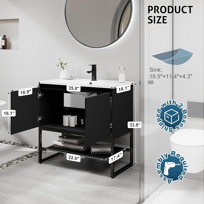 LUCKWIND 36" Modern Bathroom Vanity with Single White Sink Combo, Freestanding Storage Cabinet with Metal Frame, Matte Black Faucet and Open Shelf and 2 Soft-Closing Door, Black