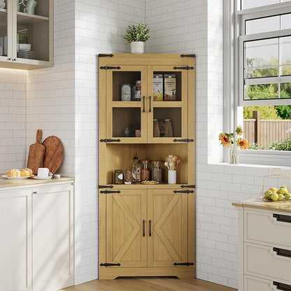GarveeHome 67" Tall Corner Storage Cabinet, Farmhouse Corner Hutch Display Cabinet with Glass Doors, Wooden Storage Organizer for Kitchen, Living Room, Bathroom, Natural