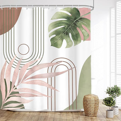 Glawry Abstract Tropical Shower Curtain Chic Boho Plant Palm Leaf Watercolor Pink Green Simple Minimalist Bathroom Modern Botanical 72Wx72L Inches Bath Accessories Art Home Decor Fabric 12 Pack Hooks
