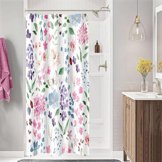 Small Stall Shower Curtain 36 x 72 Inch, Half Narrow Colorful Floral Shower Curtain for Bathroom, Pink Green Blue Flower Butterfly Fabric Shower Curtain Set with Hooks