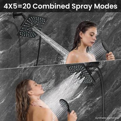 Veken Multi-Function Rain Shower Head with Handheld, High Pressure, Square | Rainfall Showerhead, Dual shower heads Combo, 5-mode Detachable Hand Held Spray with Hose, regaderas para shower, Matte Black