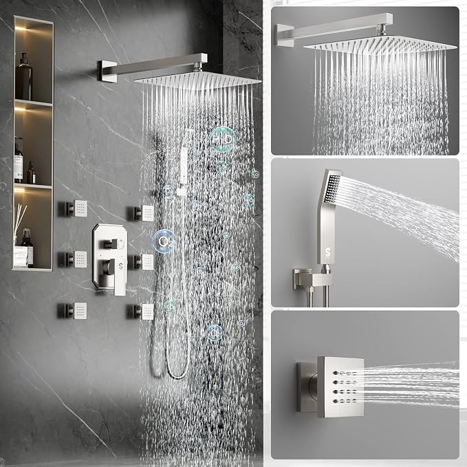 Waist Massage Spray Shower System with 6 Body Jets, 12'' Rain Shower System with Jets and Handheld Shower Faucet Set with Rough-in Valve, Wall Mounted Shower Fixture Set for Bathroom, Brushed Nickel