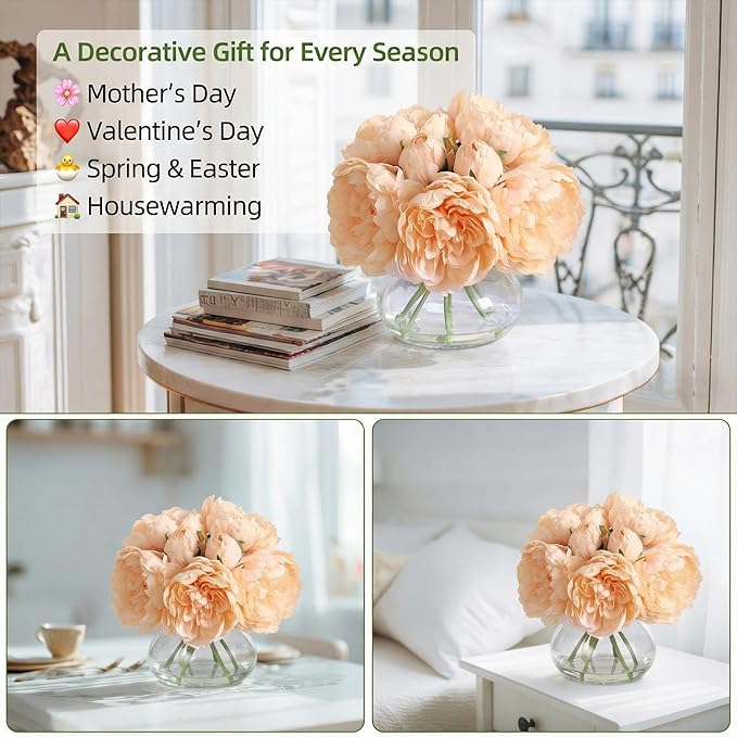 Artificial Peonies Flowers with Vase, Mixed Champagne Silk Peony Bouquet with Faux Water in Glass Vase, Lifelike Fake Peonies Floral Arrangement for Table Centerpiece, Wedding, Party, Home Decor