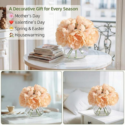 Artificial Peonies Flowers with Vase, Mixed Champagne Silk Peony Bouquet with Faux Water in Glass Vase, Lifelike Fake Peonies Floral Arrangement for Table Centerpiece, Wedding, Party, Home Decor