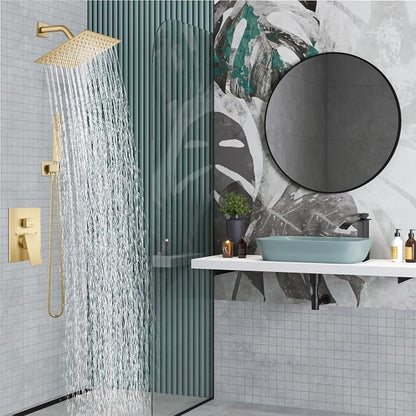 Midanya Shower Faucet Set with Handheld Sprayer,8 Inch,Brushed Gold | Rough-in Shower Valve and Trim Kit Included,Square Rain Head,Wall Mount Shower System,All Metal,Bathroom