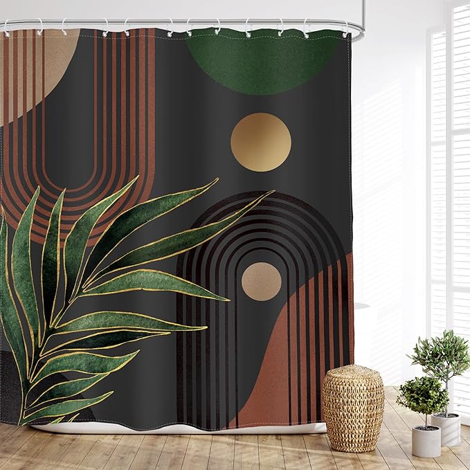 Glawry Dark Green Brown Boho Shower Curtain Abstract Mid Century Retro Tropical Leaves Modern Geometric Bathroom Minimalist Arch Sun 72Wx84L Inches Bath Accessories Art Home Decor Fabric 12 Pack Hooks