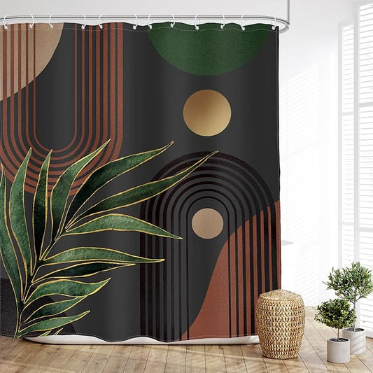 Glawry Dark Green Brown Boho Shower Curtain Abstract Mid Century Retro Tropical Leaves Modern Geometric Bathroom Minimalist Arch Sun 72Wx84L Inches Bath Accessories Art Home Decor Fabric 12 Pack Hooks