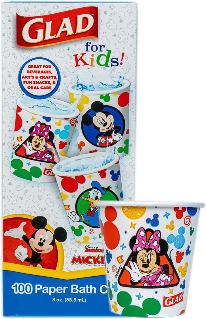Glad for Kids Disney Mickey and Friends Mini Paper Cups, 3 Oz, 100 Count | Soak-proof bathroom rinse cups sized for little hands; colorful Mickey Mouse designs