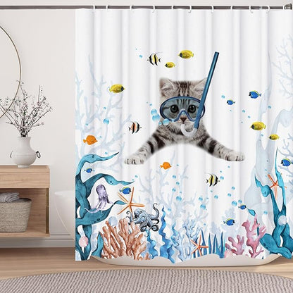 Funny Cat Shower Curtain,Cute Cat Teal Blue Sea OceanShower Curtain Set,Underwater Animal Fabric Shower Curtains for Bathroom with Hooks 72X72inches
