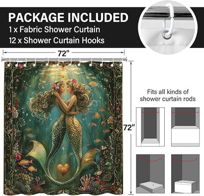 Fantasy Green Mermaid Shower Curtains,Ocean Theme Fish Shower Curtain,Romantic Waterproof Polyester Bath Curtain for Daughter Girl Women,Mermaid Bathroom Decor for Nautical Style,72x72 Inch