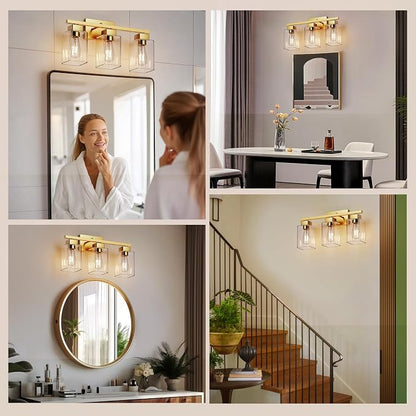 PARTPHONER 3-Light Bathroom Light Fixtures, Brushed Gold Modern Vanity Lights, Bathroom Lighting Fixtures Over Mirror, Square Design Farmhouse Wall Sconces with Clear Glass Shades