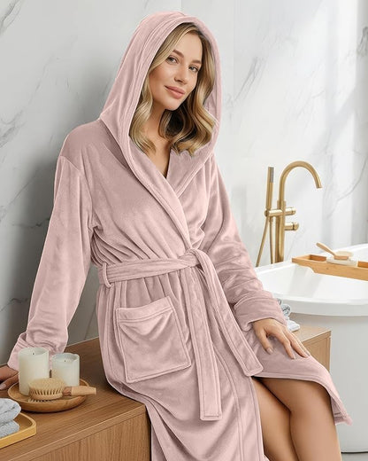 NY Threads Women's Fleece Hooded Bathrobe Plush Long Spa Robe, Medium