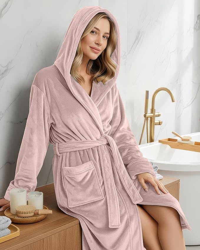 NY Threads Women's Fleece Hooded Bathrobe Plush Long Spa Robe, Medium