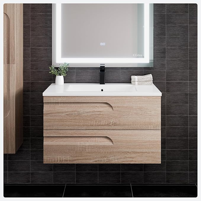 Eviva Joy 36 in. Maple Wall MountSingle Sink Bath Vanity with Porcelain Top and Integrated Sink