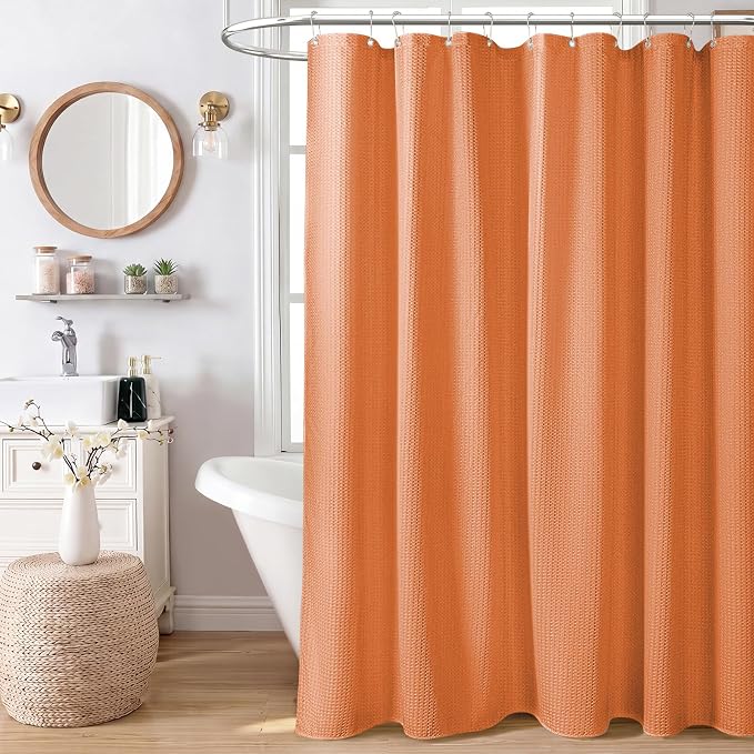 Extra Long Waffle Shower Curtain 256 GSM Fabric 72x96 Burnt Orange | 96 Inch Tall, Thick Cloth, Weighted Hem, Water Repellent, Hotel Luxury Polyester Shower Curtain Set for Bathroom 12 Hooks