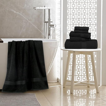Amazon Basics 6-Piece Highly Absorbent Fade-Resistant Towel Set, 100% Cotton Towels for Bathroom, Soft, 2 Bath Towels, 2 Hand Towels, 2 Washcloths, Black