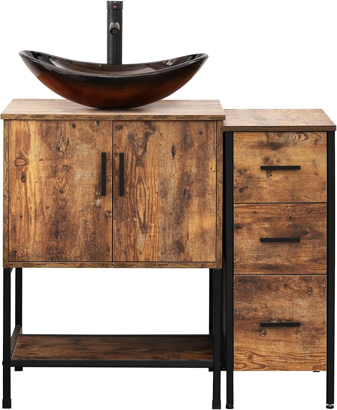 UEV 36" Rustic Brown Bathroom Vanity with Sink Combo,Industrial Iron Frame Bathroom Cabinet Sets with 3 Drawers Side Cabinet,Modern Brown Boat Tempered Glass Vessel Sink(029BR)