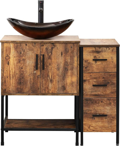 UEV 36" Rustic Brown Bathroom Vanity with Sink Combo,Industrial Iron Frame Bathroom Cabinet Sets with 3 Drawers Side Cabinet,Modern Brown Boat Tempered Glass Vessel Sink(029BR)
