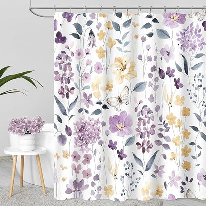 Extra Long Shower Curtain 72 x 96 Inch, Floor to Ceiling X-Long Purple Yellow Floral Shower Curtain, Watercolor Flower Butterfly Fabric Shower Curtain Set with Hooks, Lavender Purple