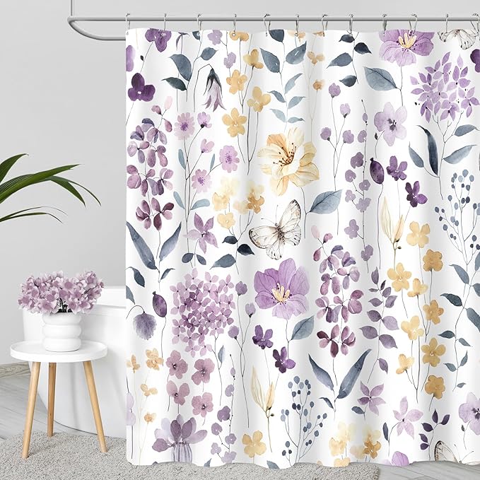 Lavender Purple Floral Shower Curtain 60x72, Purple Yellow Flower Fabric Shower Curtain for Bathroom, Cute Wildflower Butterfly Cloth Shower Curtain Set with Hooks
