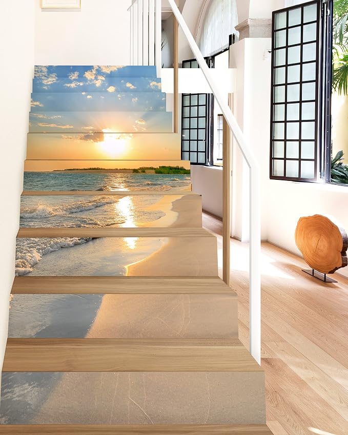 FLFK Stair Decals - Stair Stickers Decals Peel and Stick,Sunrise Coast Stair Risers Decals Self-Adhesive for Home Decor, 39.3" W x 7" H x 13Pcs