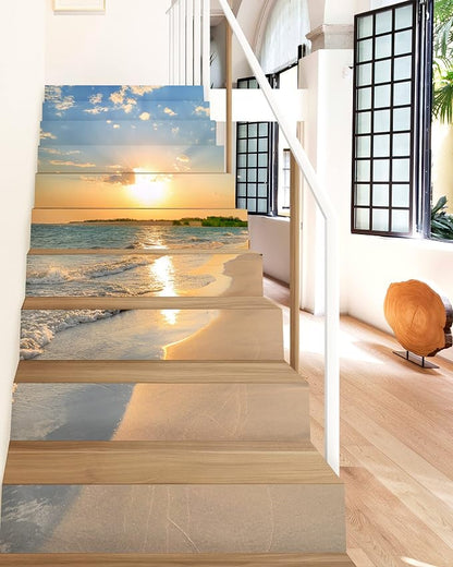 FLFK Stair Decals - Stair Stickers Decals Peel and Stick,Sunrise Coast Stair Risers Decals Self-Adhesive for Home Decor, 39.3" W x 7" H x 13Pcs