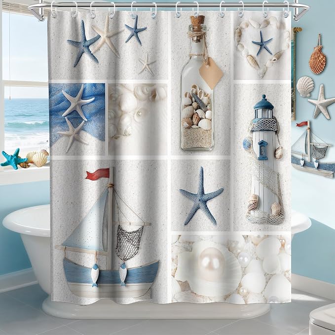Ocean Modern Beach Shower Curtain, Rustic Luxury Coastal Nautical Kids Seashell Shower Curtains for Bathroom, Waterproof Bath Curtain with Hooks Machine Washable Bathtub Curtains 72x72 Inch Blue White