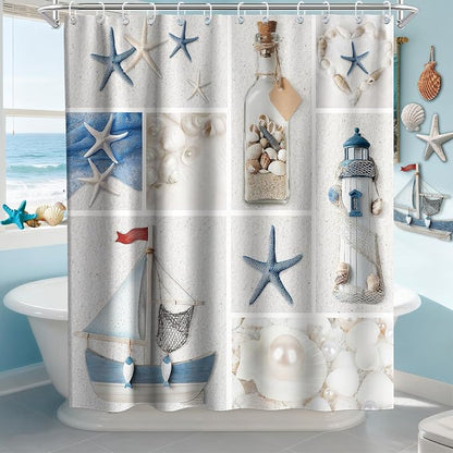 Ocean Modern Beach Shower Curtain, Rustic Luxury Coastal Nautical Kids Seashell Shower Curtains for Bathroom, Waterproof Bath Curtain with Hooks Machine Washable Bathtub Curtains 72x72 Inch Blue White