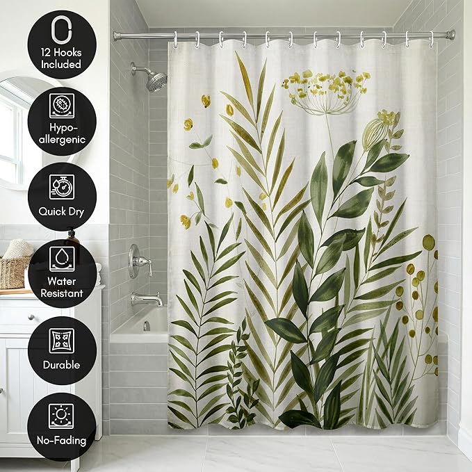 Americanflat 71x74 Botanical Shower Curtain - Water-Resistant Long Shower Curtain with Durable Metal Grommets and 12 Hooks - 100% Polyester - Ivory, Muted Yellow and Green Bathroom Curtains