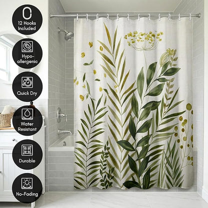 Americanflat 71x74 Botanical Shower Curtain - Water-Resistant Long Shower Curtain with Durable Metal Grommets and 12 Hooks - 100% Polyester - Ivory, Muted Yellow and Green Bathroom Curtains