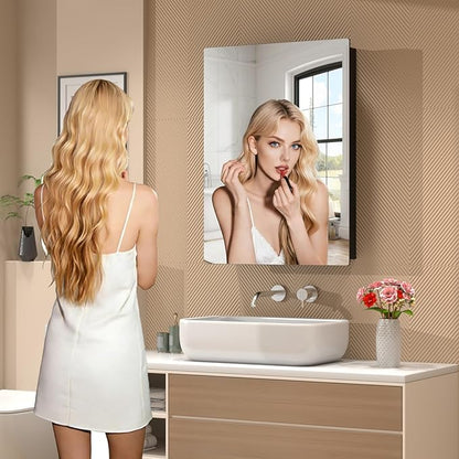 15"x20" Black Medicine Cabinet Mirror, Recessed & Surface Mount Medicine Cabinets for Bathroom, Tempered Glass Mirror + Full Metal Storage Cabinet, 2 Stable and Removable Shelves, Left or Right Open