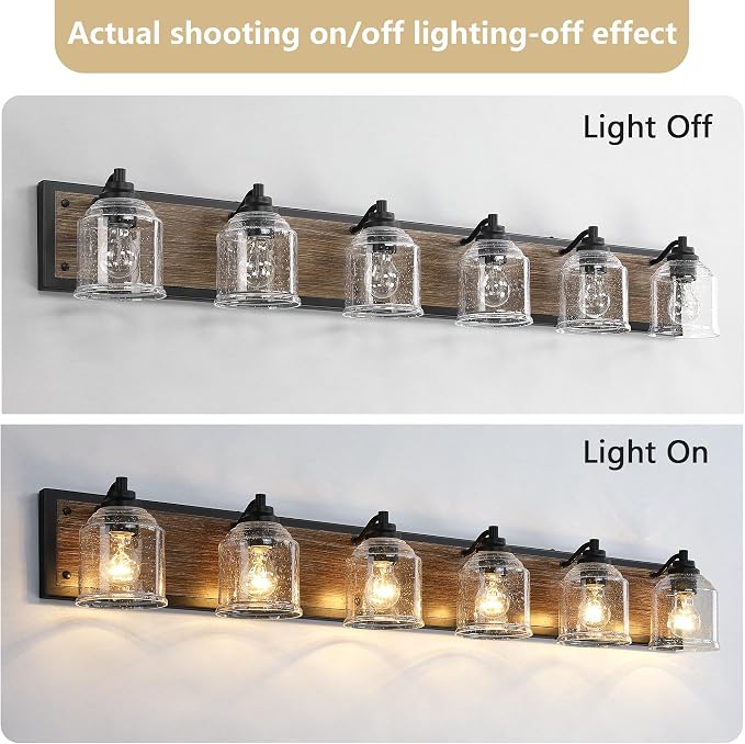 6-Light Vanity Lights for Bathroom Large 48" with Bubble Glass Shade | Farmhouse Rustic style, Hand-Painted Brown Wood-Grain Metal Backplate, E26 Ceramic Socket, UL&ETL, Mount up/down, over mirror