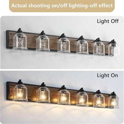 6-Light Vanity Lights for Bathroom Large 48" with Bubble Glass Shade | Farmhouse Rustic style, Hand-Painted Brown Wood-Grain Metal Backplate, E26 Ceramic Socket, UL&ETL, Mount up/down, over mirror