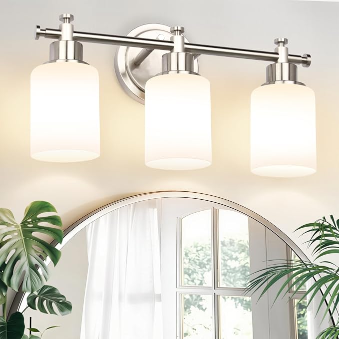 3-Light Brushed Nickel Bathroom Vanity Light Fixture, Compact Vanity Light