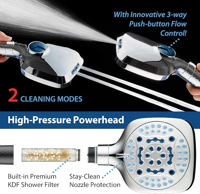 AquaCare 4X 10-Mode High Pressure Hand Shower w/Filter & 2-mode Power Wash | Filters Chlorine & Toxins, Softens Hard Water for Healthy Skin & Hair. Handheld Power Head Cleans Tub, Tile & Pets / Chrome