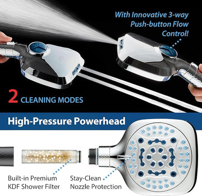AquaCare 4X 10-Mode High Pressure Hand Shower w/Filter & 2-mode Power Wash | Filters Chlorine & Toxins, Softens Hard Water for Healthy Skin & Hair. Handheld Power Head Cleans Tub, Tile & Pets / Chrome