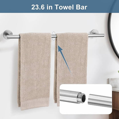 Brushed Nickel Bathroom Hardware Accessories Set, 5 Pieces Round Towel Bar Set Toilet Paper Holder Towel Rail Set for Bathroom Stainless Steel Wall Mounted Bathroom Set,23.6 in